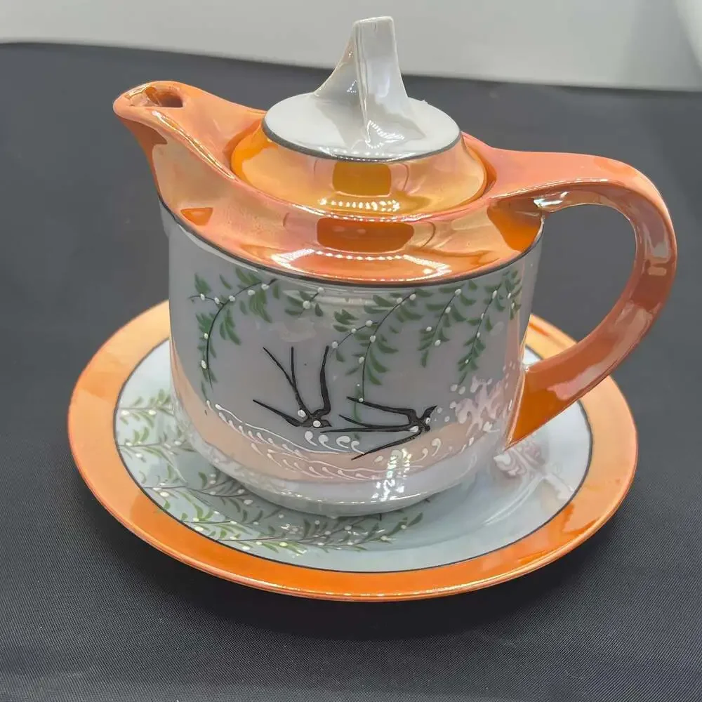 VTG GOLDCASTLE CHIKUSA Art Deco Hand Painted Lustreware Teapot & under plate